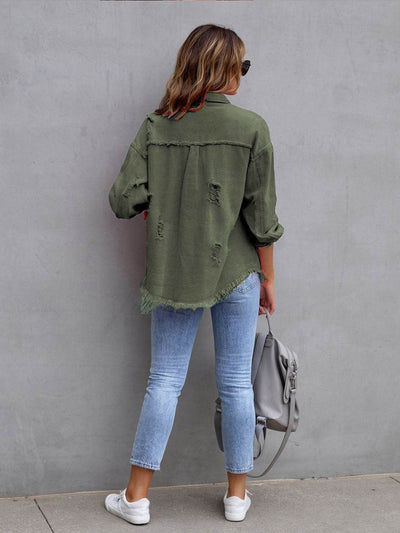 Distressed Drop Shoulder Denim Jacket - Byyde