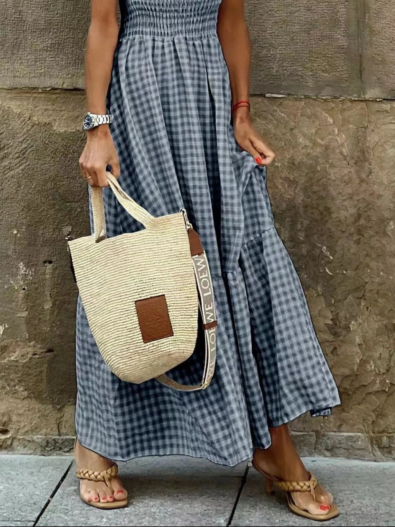 Smocked Gingham Maxi Dress with Ruffle Straps - Byyde