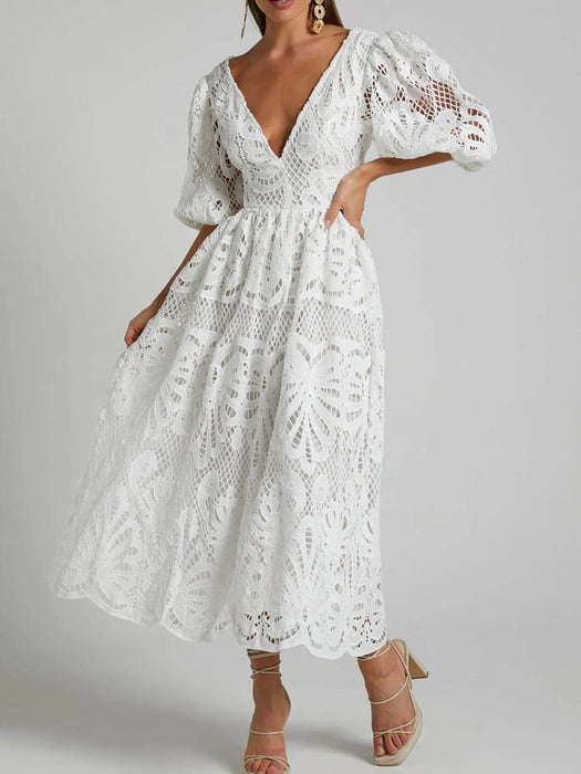 Cutout Back Lace Crochet V-Neck Dress - Byyde