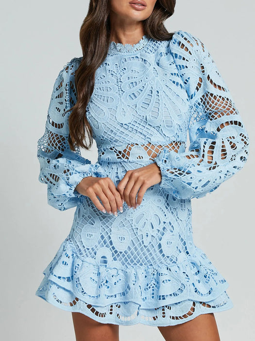 Lace Crochet Long Sleeve Mini Dress - Byyde