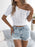 Openwork Single Shoulder Short Sleeve Knit Top - Byyde