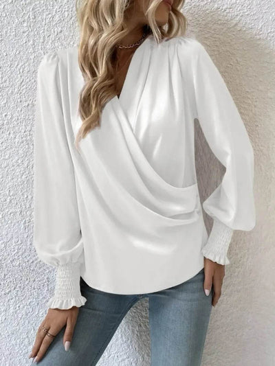 Surplice Smocked Lantern Sleeve Blouse - Byyde
