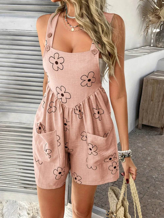 Devine Flower Wide Strap Overalls with Pockets - Byyde