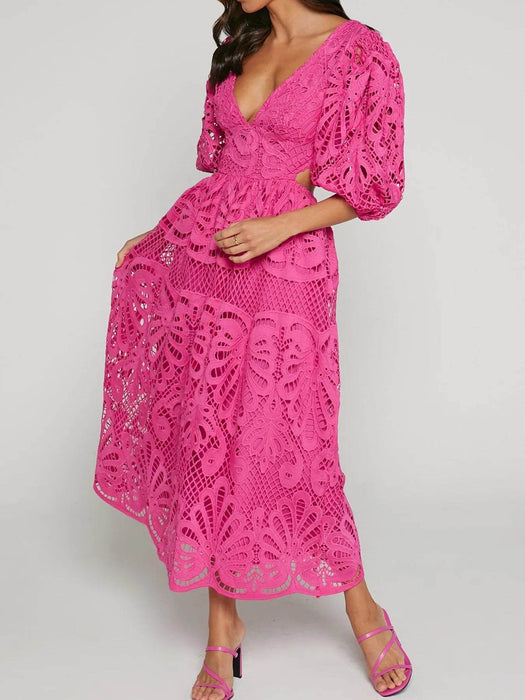Cutout Back Lace Crochet V-Neck Dress - Byyde