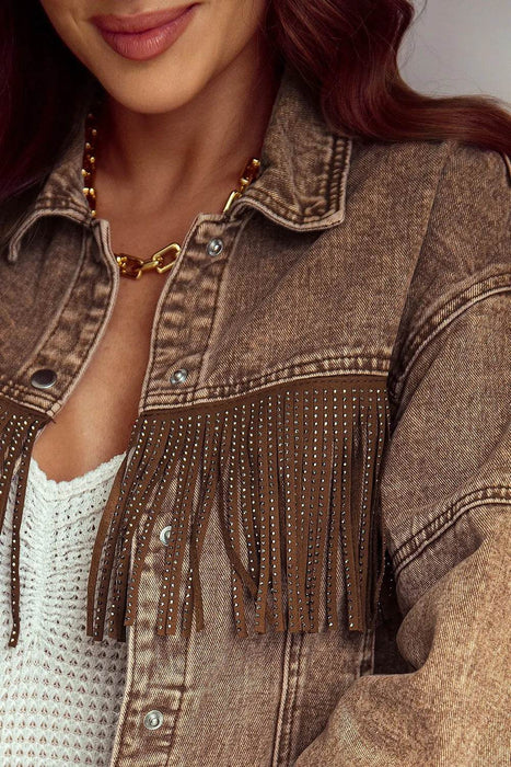 Fringe Trim Snap Down Denim Jacket - Byyde