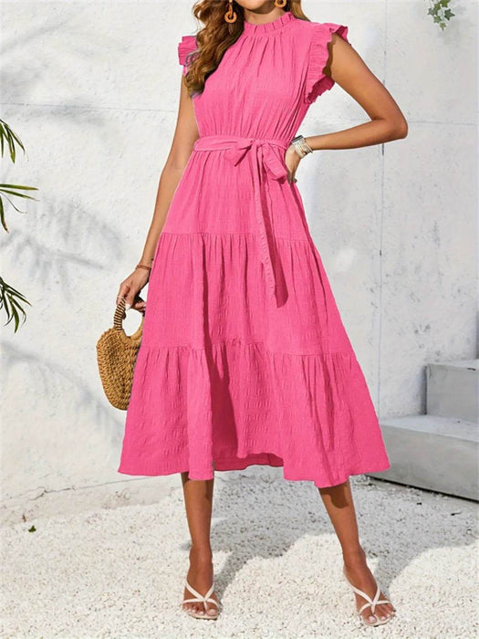 Frill Mock Neck Ruffled Cap Sleeve Midi Dress - Byyde