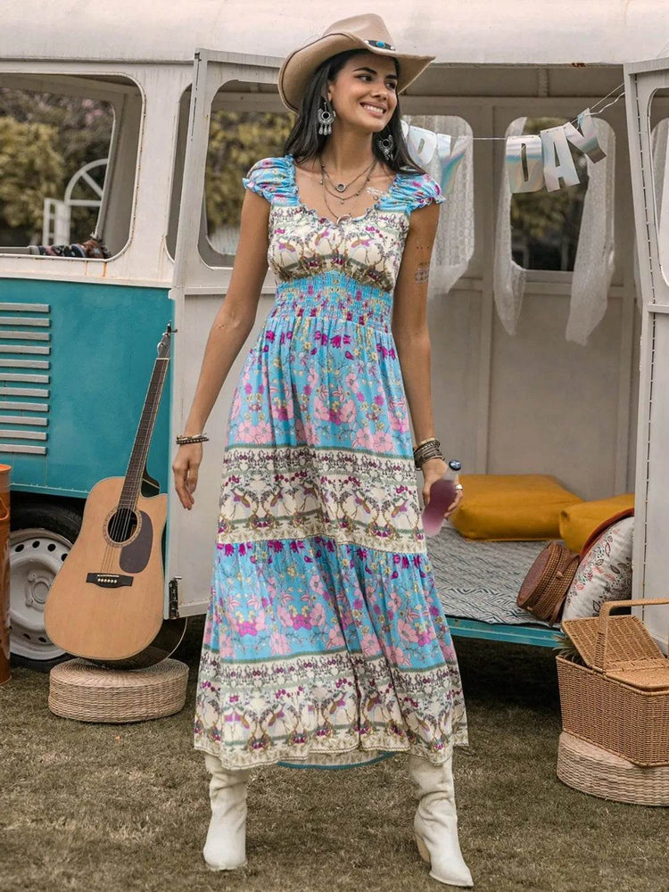 Frill Printed Cap Sleeve Dress - Byyde