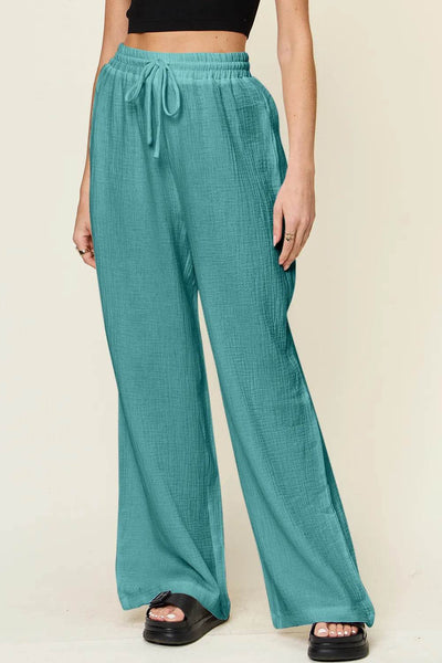 Double Take Full Size Texture Drawstring Wide Leg Pants - Byyde