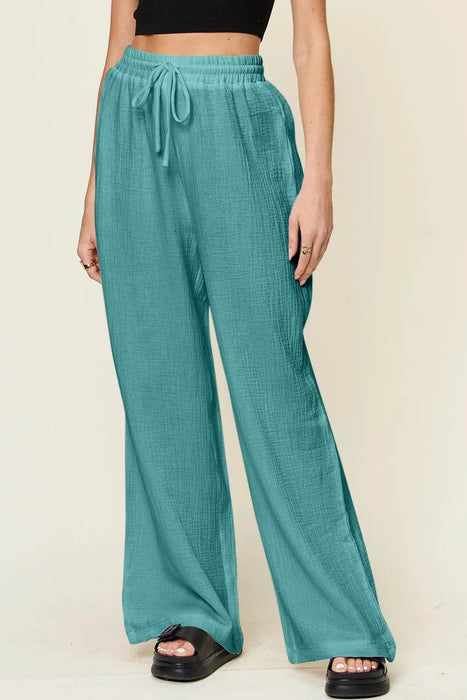 Double Take Full Size Texture Drawstring Wide Leg Pants - Byyde