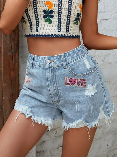 LOVE Distressed Raw Hem Denim Shorts - Byyde