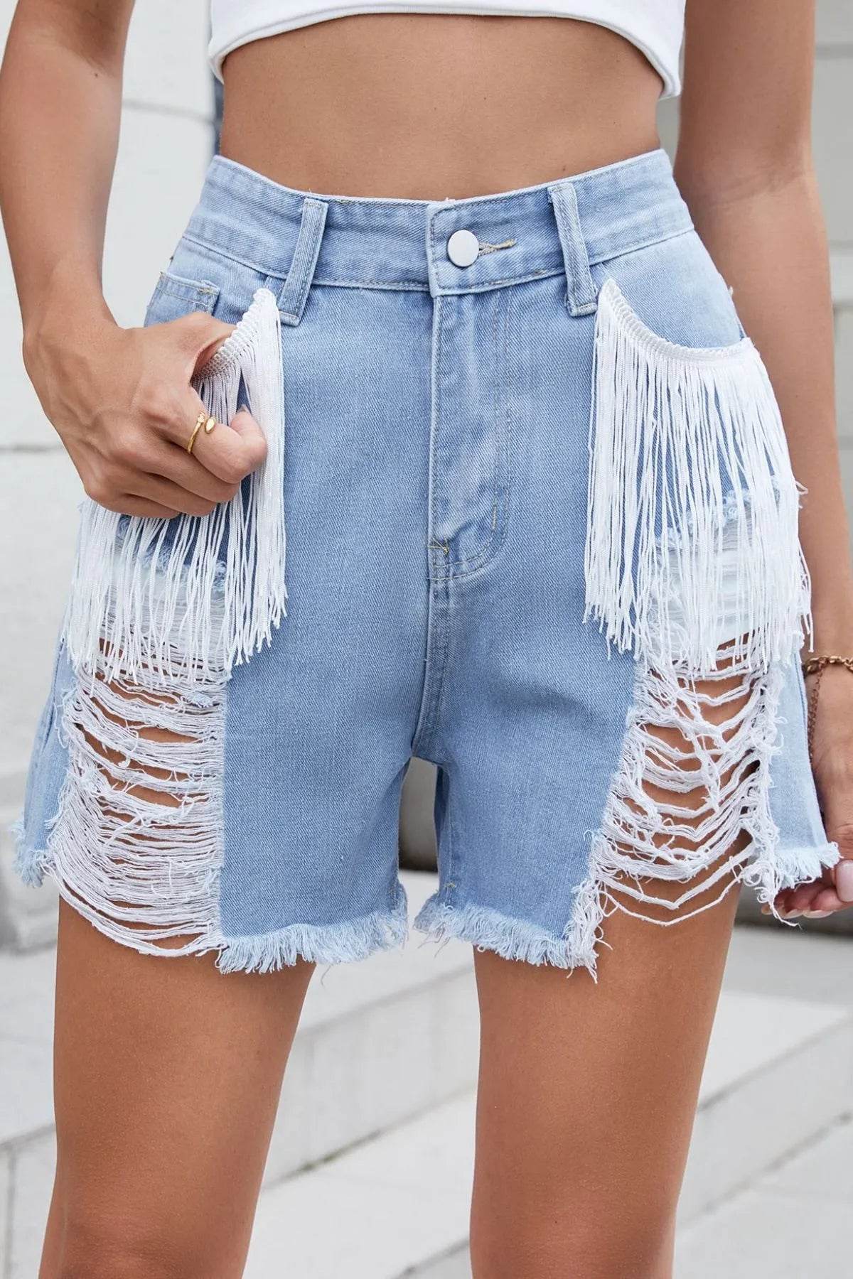 Distressed Fringe Denim Shorts - Byyde