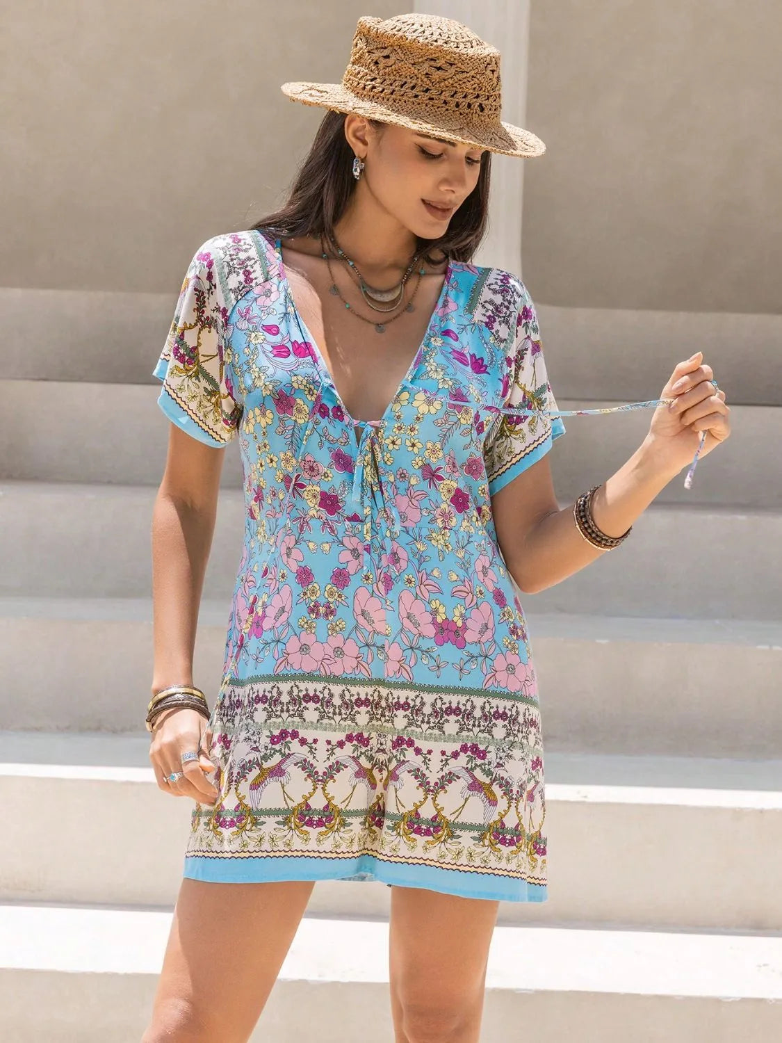 Tied Front Printed Short Sleeve Romper - Byyde