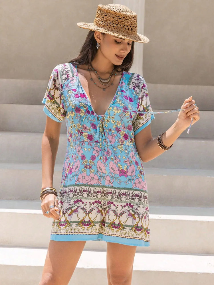 Tied Front Printed Short Sleeve Romper - Byyde