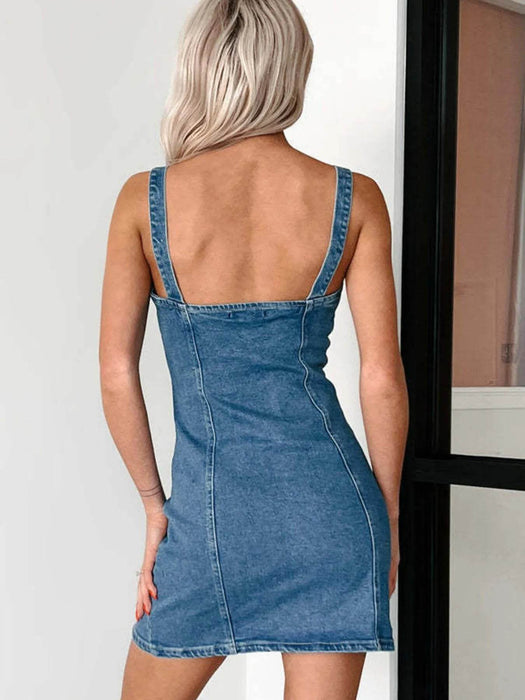 Button Front Sweetheart Neck Denim Mini Dress - Byyde