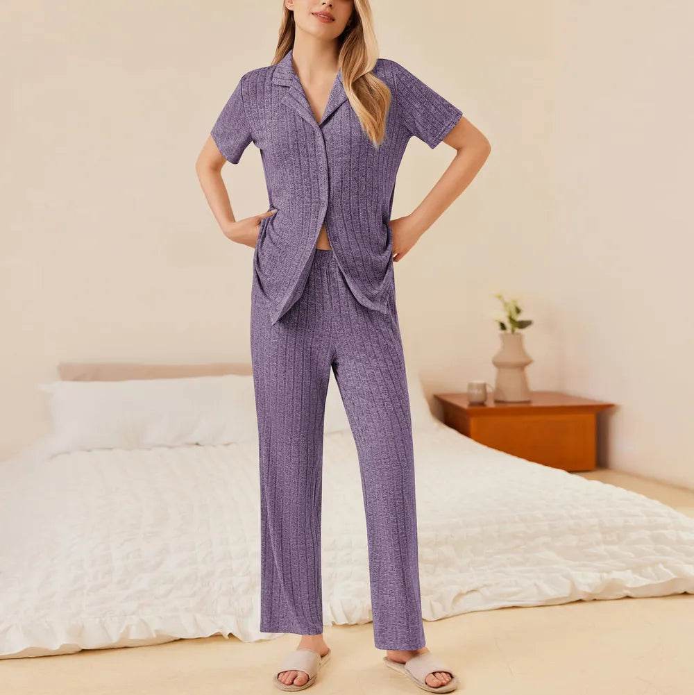 Button Down Long Sleeve Top and Pants Lounge Set - Byyde