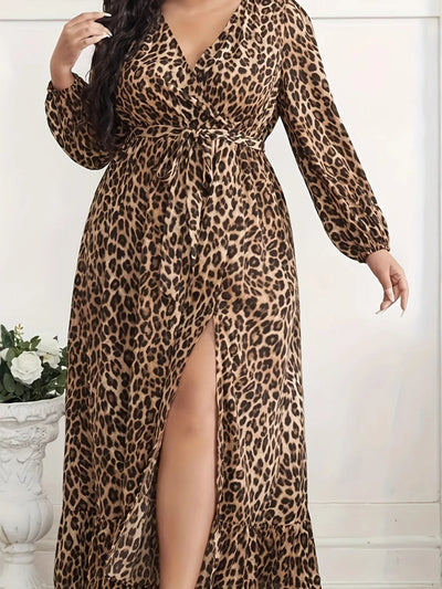 Plus Size Leopard Print Surplice Maxi Dress - Byyde