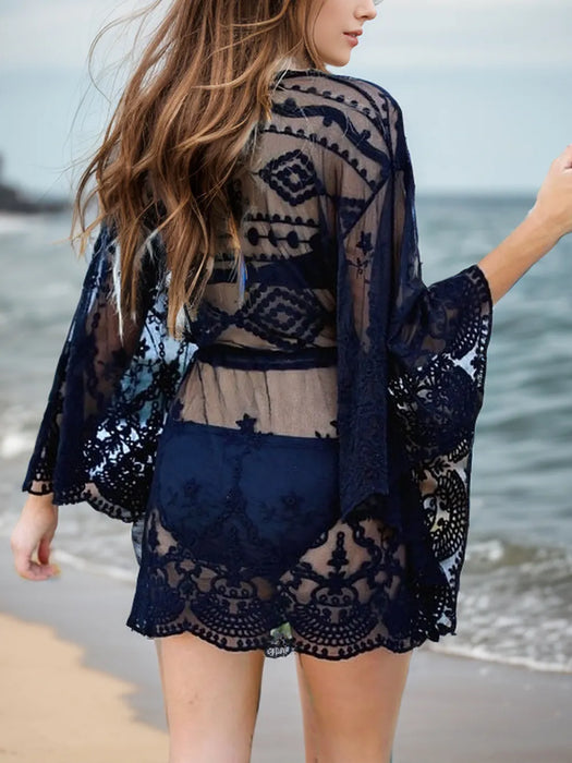 Lace V-Neck Three-Quarter Sleeve Cover Up - Byyde