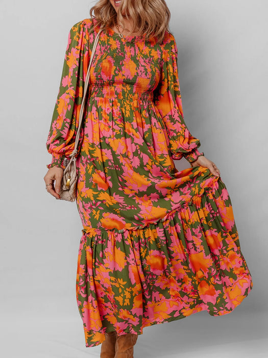 Smocked Floral Print Long Sleeve Maxi Dress - Byyde