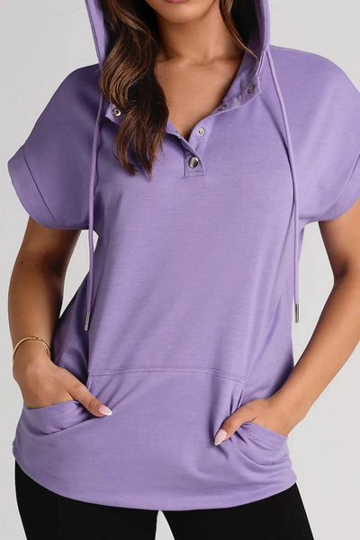 Drawstring Quarter Snap Cap Sleeve Hoodie - Byyde