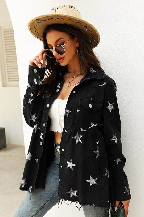 Collared Neck Star Print Long Sleeve Denim Jacket - Byyde