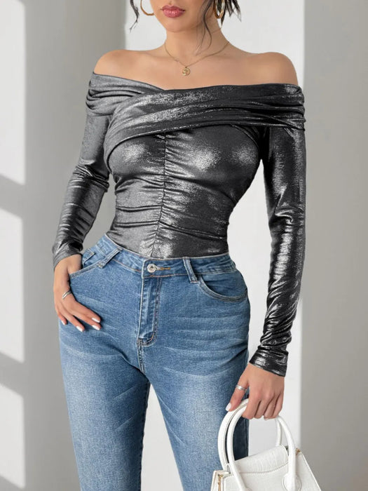 Perfee Ruched Off-Shoulder Long Sleeve Bodysuit - Byyde