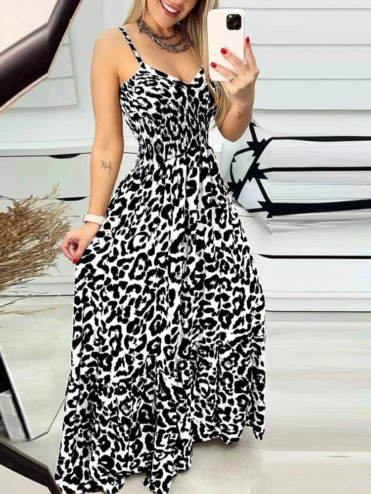 Full Size Leopard Print Spaghetti Strap Maxi Dress Plus Size - Byyde