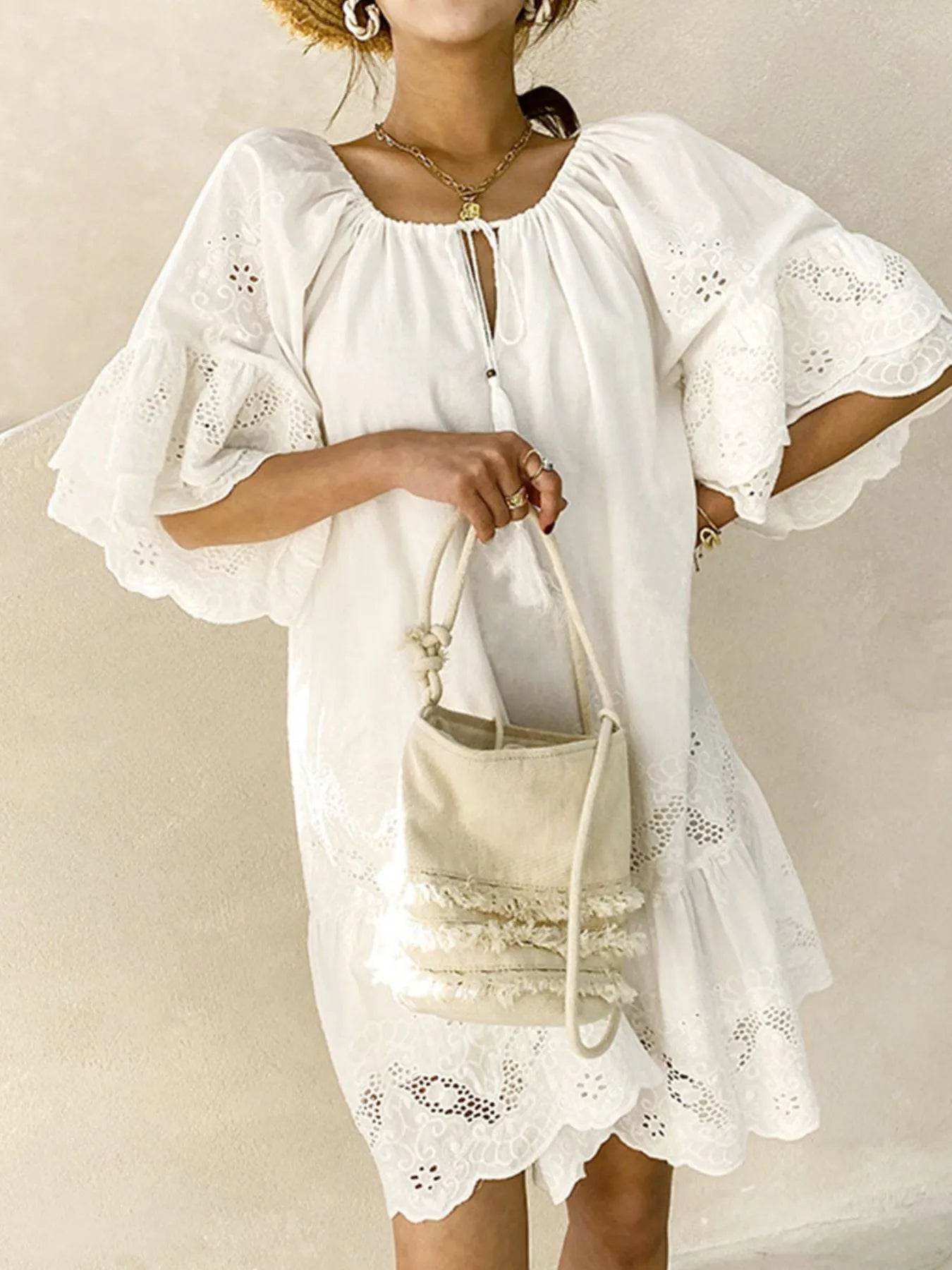 Eyelet Embroidered Tassel Tie Neck Dress - Byyde