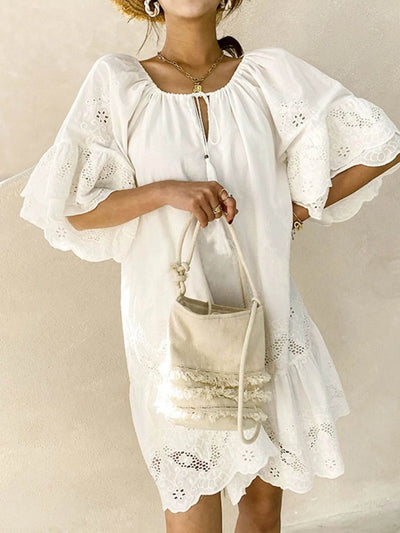 Eyelet Embroidered Tassel Tie Neck Dress - Byyde