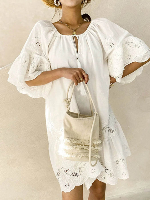 Eyelet Embroidered Tassel Tie Neck Dress - Byyde