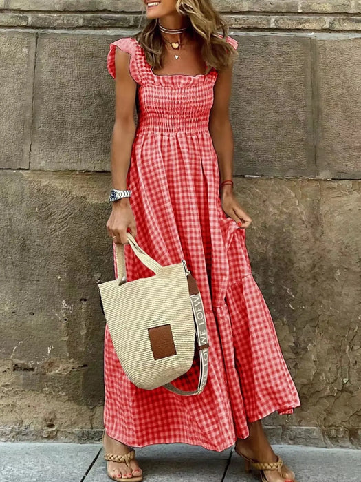 Smocked Gingham Maxi Dress with Ruffle Straps - Byyde