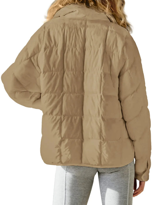 Pocketed Plaid Quilted Zip Up Winter Coat - Byyde