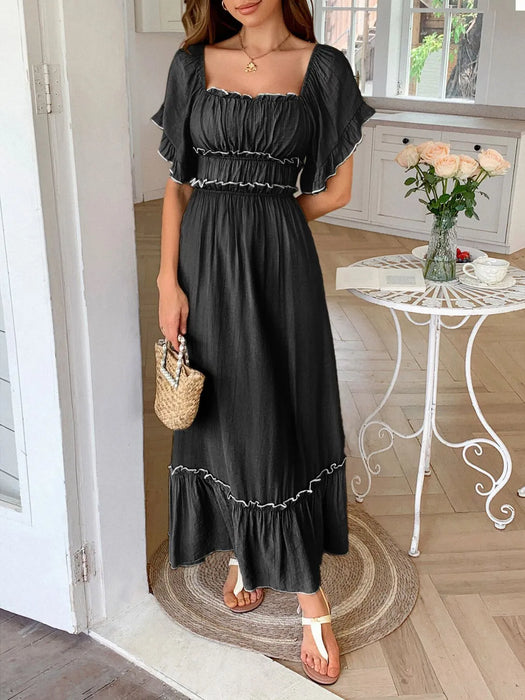 Square Neck Puff Sleeve Ruffle Trim Maxi Dress - Byyde