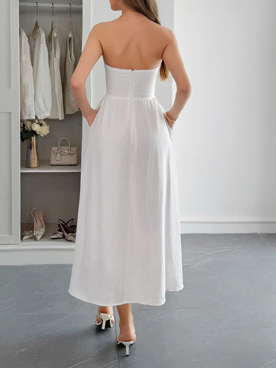 Strapless A-Line Midi Dress with Pockets - Byyde
