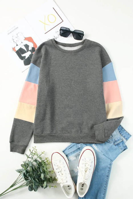 Color Block Round Neck Long Sleeve Sweatshirt - Byyde