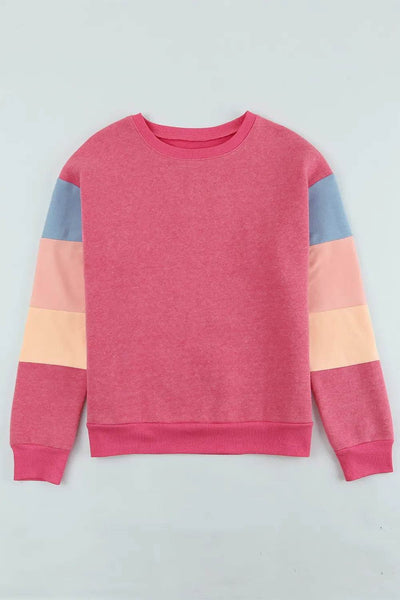 Color Block Round Neck Long Sleeve Sweatshirt - Byyde