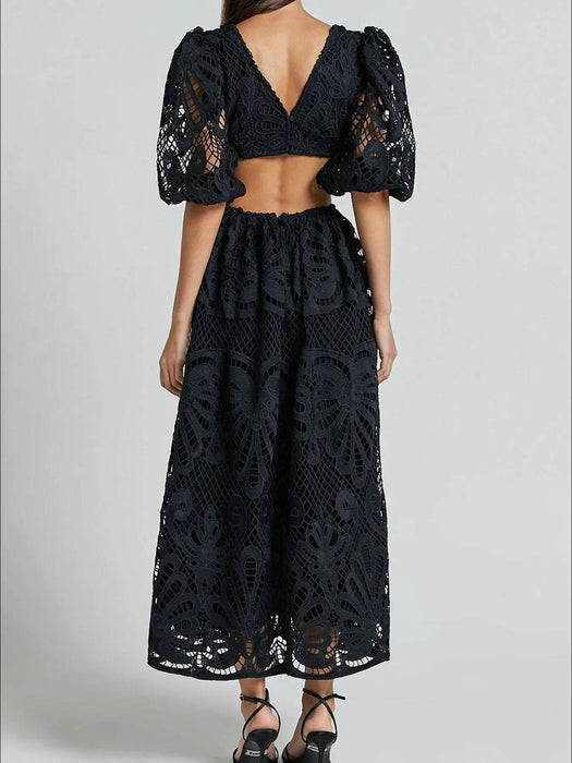 Cutout Back Lace Crochet V-Neck Dress - Byyde