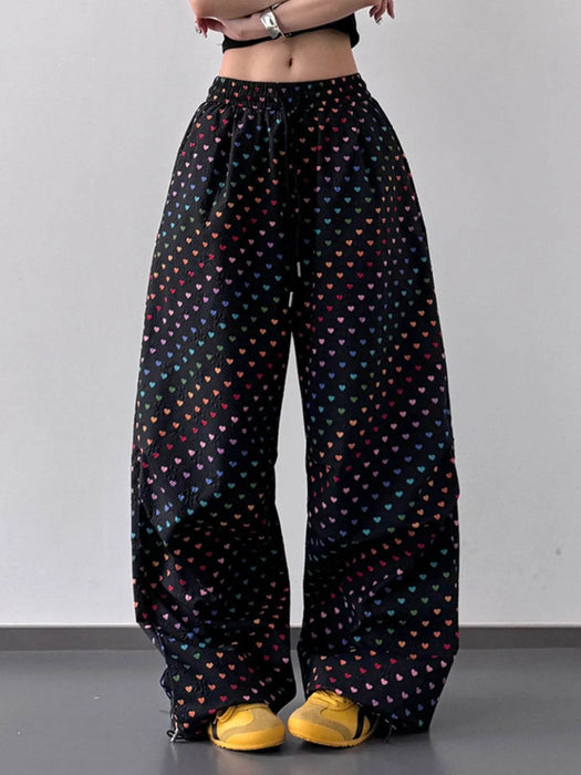 Heart Print Drawstring Wide Leg Pants - Byyde