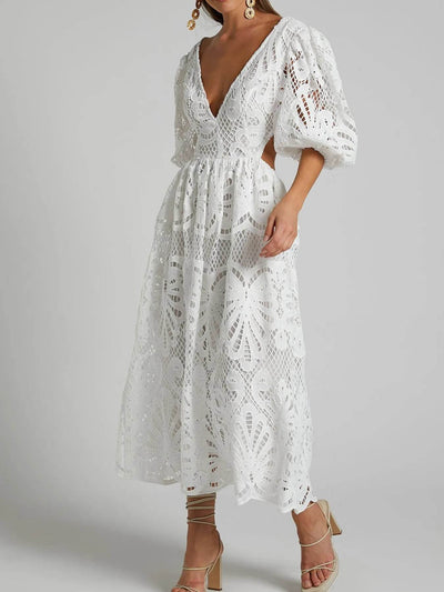 Cutout Back Lace Crochet V-Neck Dress - Byyde