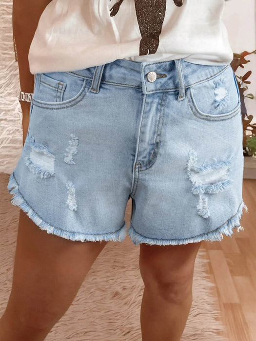 High Rise Distressed Raw Hem Denim Shorts - Byyde