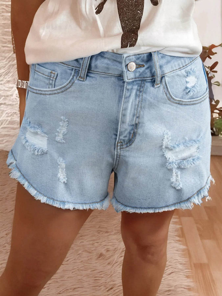 High Rise Distressed Raw Hem Denim Shorts - Byyde