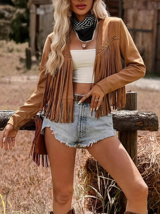 Fringe Studded Open Front Jacket - Byyde