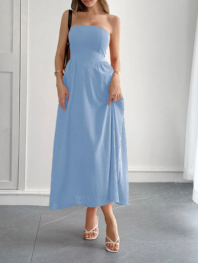 Strapless A-Line Midi Dress with Pockets - Byyde