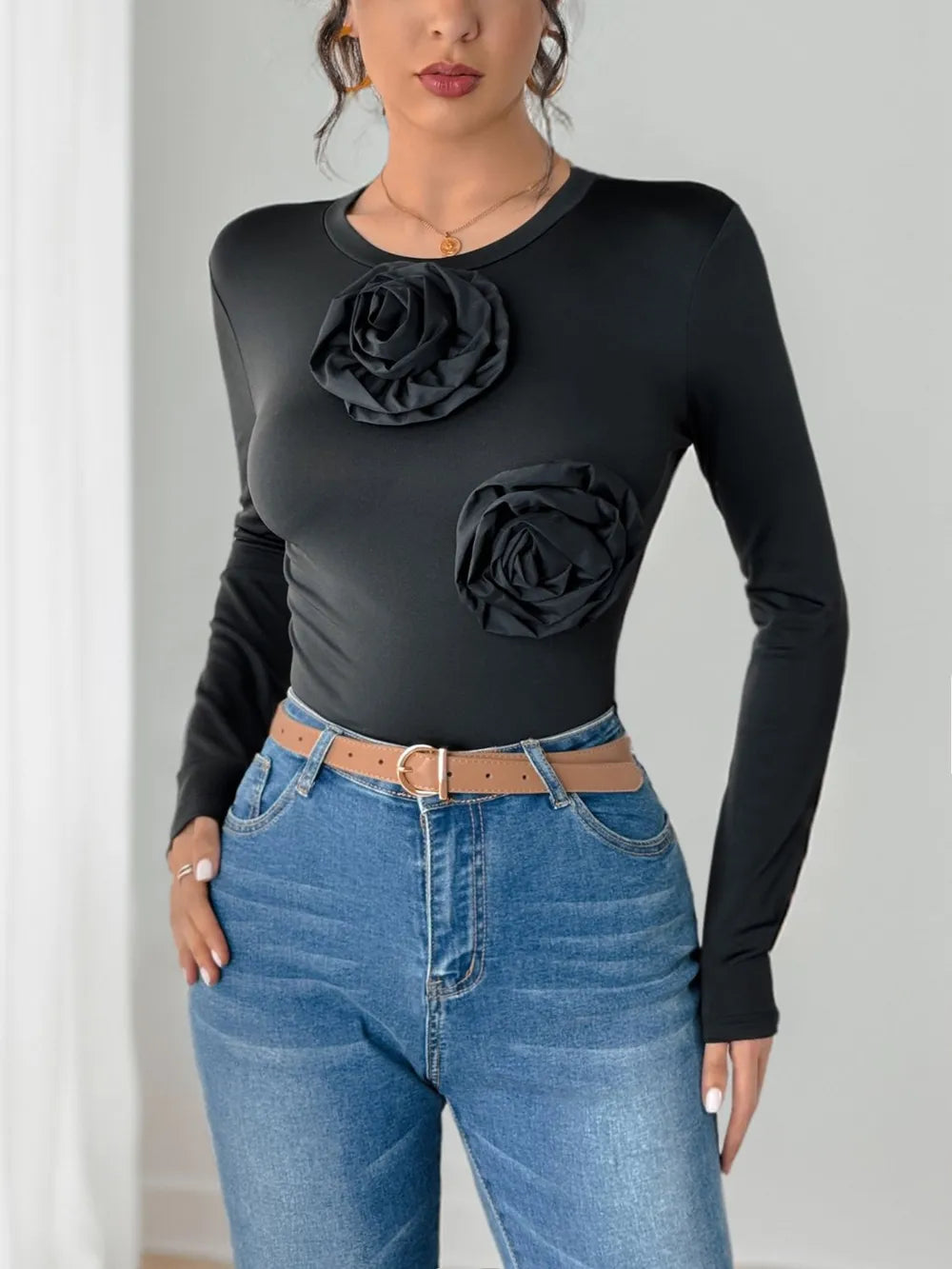 Perfee Flower Round Neck Long Sleeve Bodysuit - Byyde
