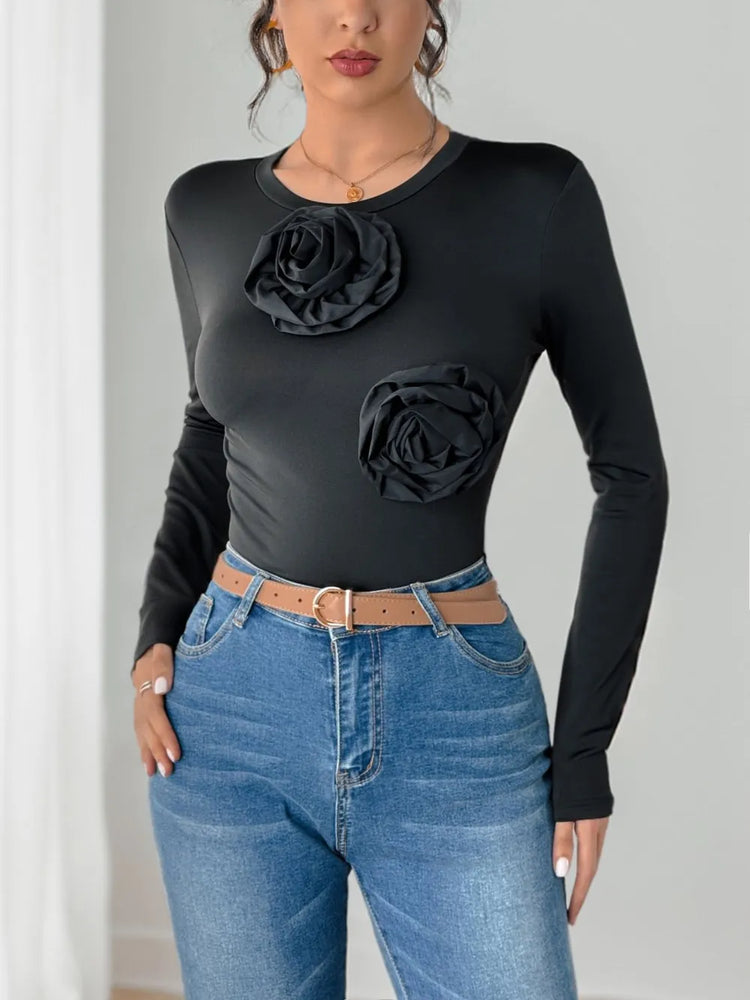 Perfee Flower Round Neck Long Sleeve Bodysuit - Byyde