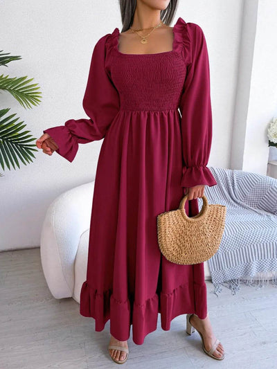 Smocked Square Neck Flounce Sleeve Dress - Byyde