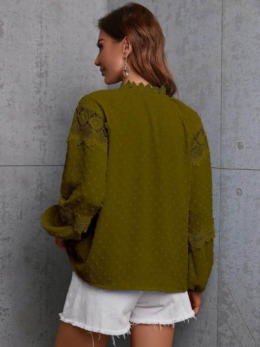 Crochet Tassel Tie Neck Long Sleeve Blouse - Byyde