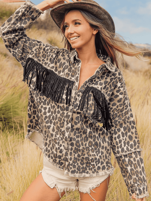 Leopard Fringe Detail Collared Neck Denim Jacket - Byyde