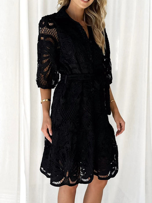 Lace Tie Waist Half Sleeve Dress - Byyde