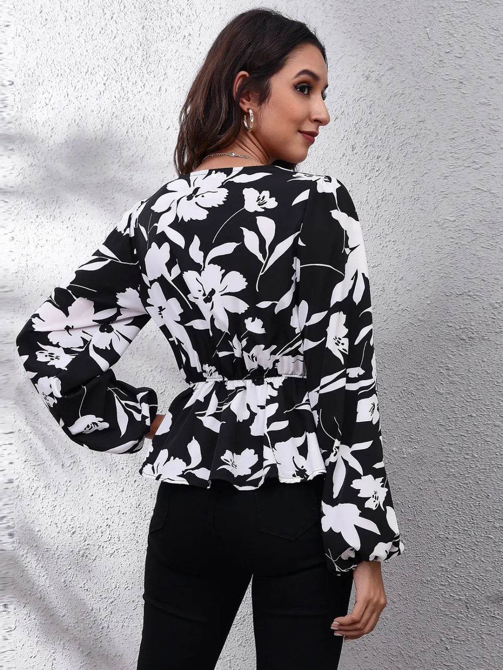 Floral V-Neck Balloon Sleeve Peplum Blouse - Byyde