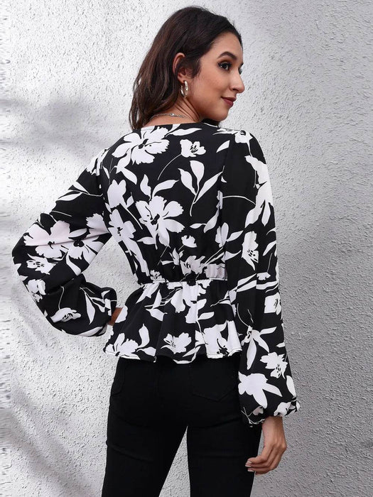 Floral V-Neck Balloon Sleeve Peplum Blouse - Byyde